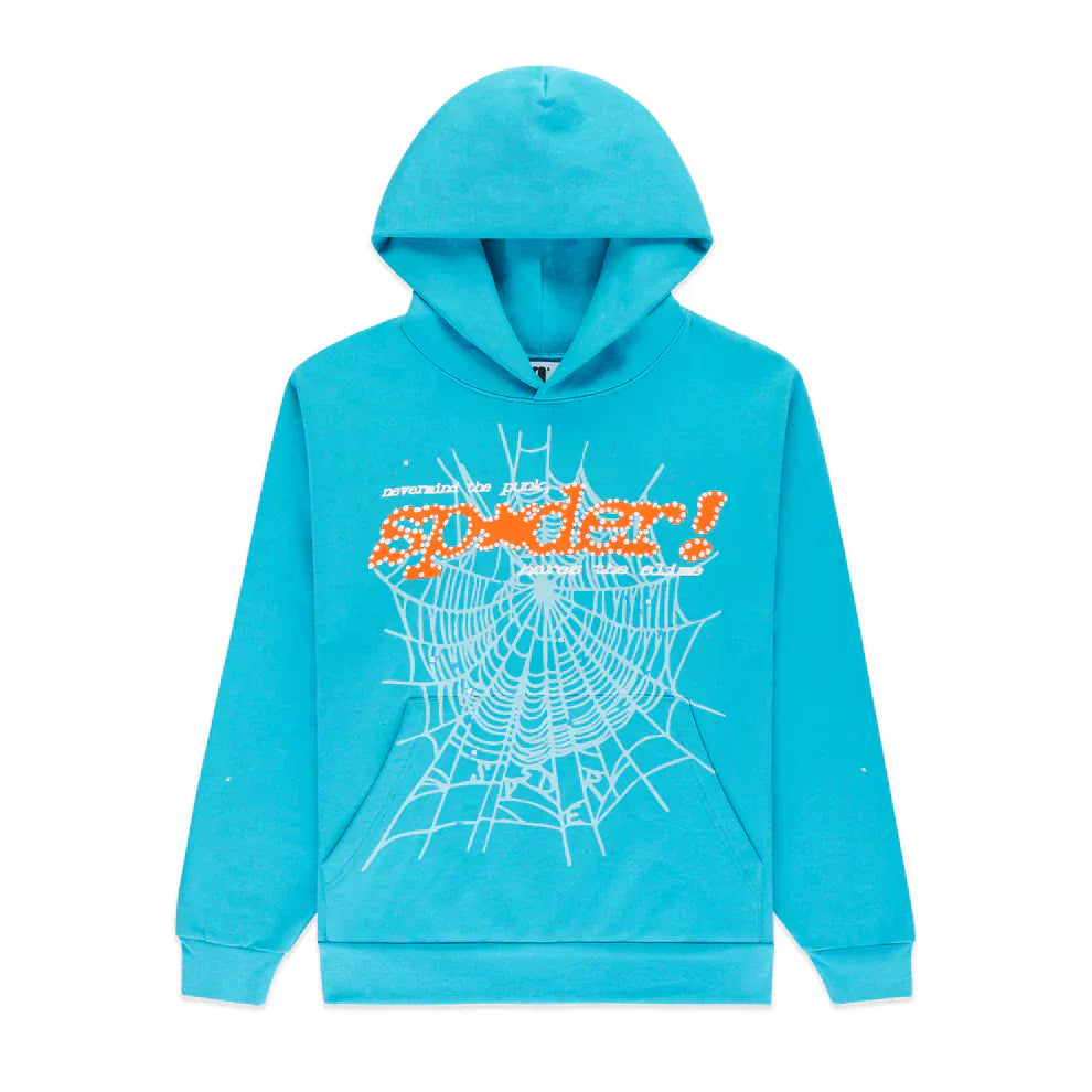 The Sp5der “Nevermind the Spider” Hoodie in sky blue, crafted from 440GSM heavyweight fleece, features bold streetwear style—making it a standout addition to your collection.