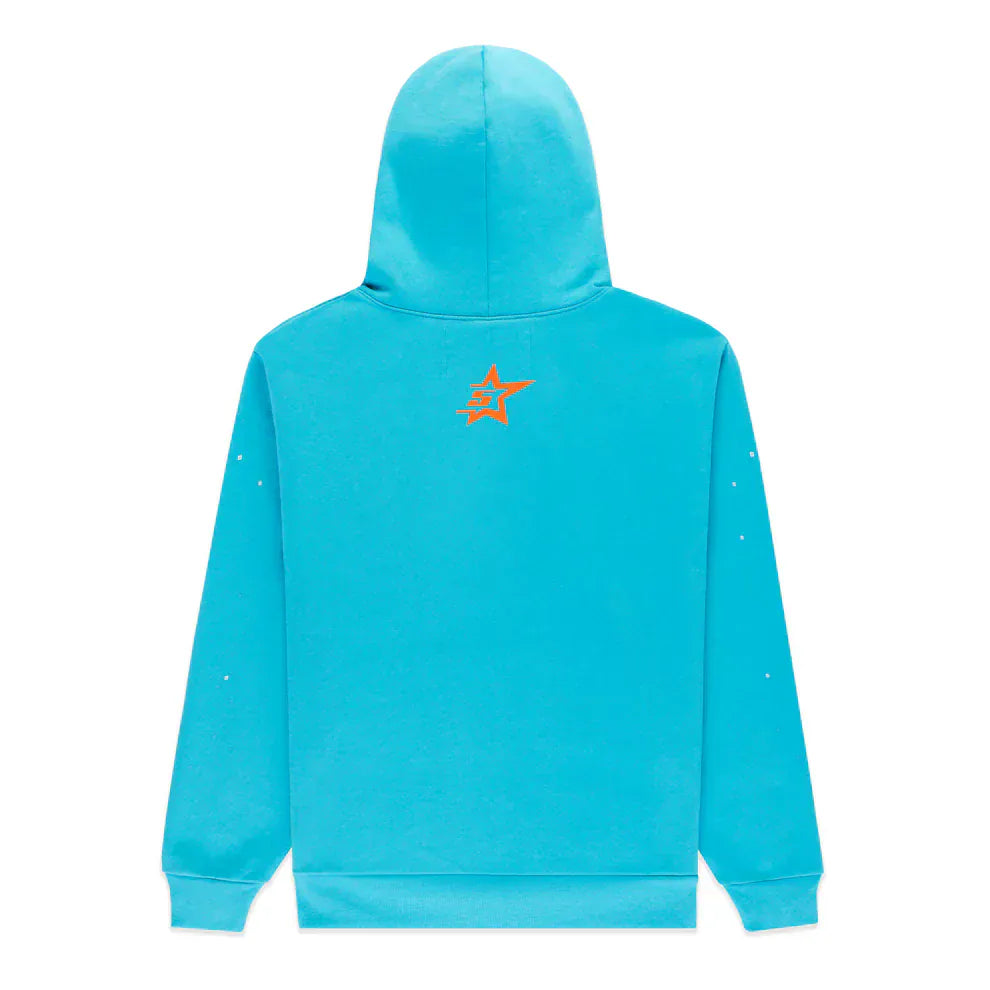 The Sp5der “Nevermind the Spider” Hoodie in Sky Blue is a 440GSM heavyweight pullover crafted from premium cotton fleece, featuring a small orange star graphic with a face on the back—a standout addition to any streetwear collection.