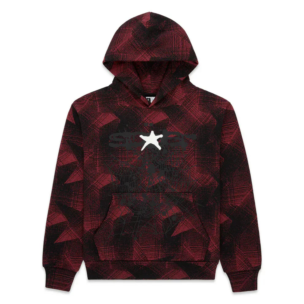 The Red and Black Graphic Hoodie with Star Detail and Spider Web Print features a comfort fit, black logo text, front pocket, and bold white star graphic on the chest for a standout streetwear look.