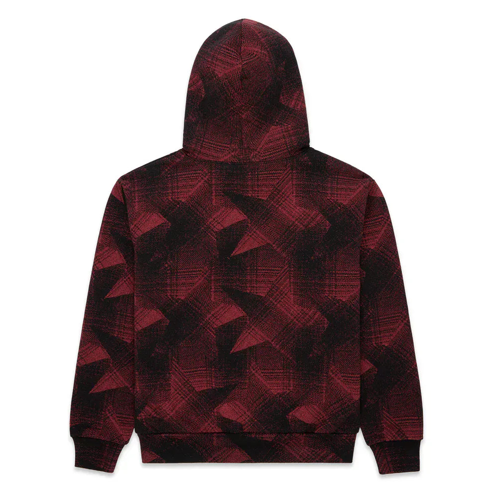Back view of the Red and Black Graphic Hoodie with Star Detail and Spider Web Print—a comfort fit pullover featuring bold streetwear style.
