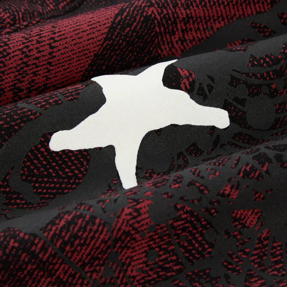 Close-up of the Red and Black Graphic Hoodie with Star Detail and Spider Web Print—this comfort fit pullover hoodie is ideal for streetwear or making a bold statement.