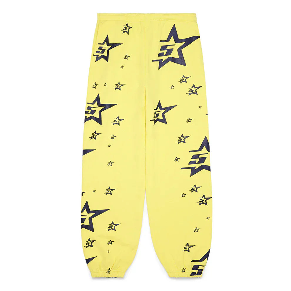 The Sp5der Sweatpants – Unisex Yellow Cotton Sweatpants feature an all-over star print with black outlined stars and stylized "S" details, plus elastic waistband and cuffs—perfect for standout streetwear style.