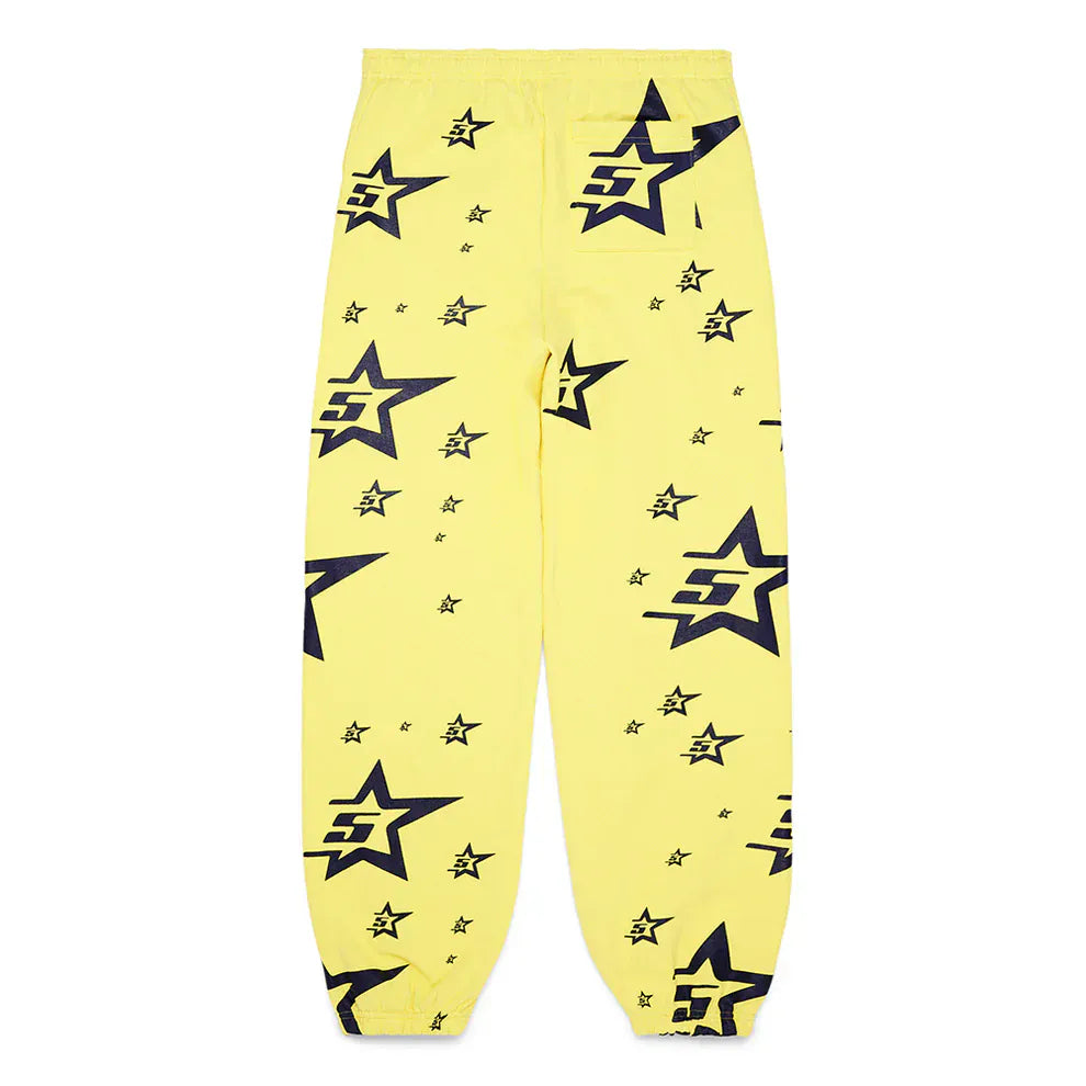 Sp5der Sweatpants – Unisex yellow cotton sweatpants with an elastic waistband and cuffs, featuring an all-over black star print for standout streetwear style.