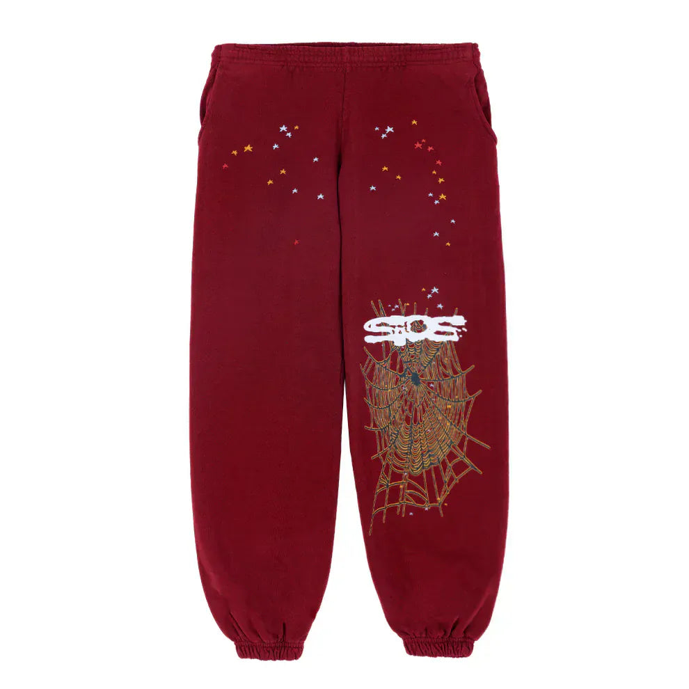 Sp5der Sweatpants – Unisex Burgundy cotton sweatpants with a striking spider web graphic, elastic cuffs, and standout details—an essential addition to any streetwear collection.