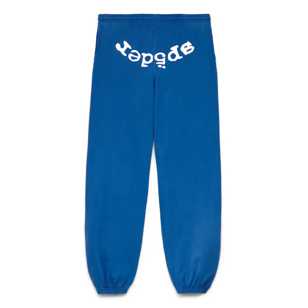 Sp5der Sweatpants – Unisex blue cotton sweatpants featuring elastic cuffs and waistband, streetwear style, with a front logo print and "spider" in white, upside down on the back—a signature Sp5der detail.