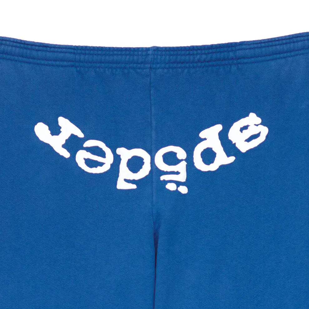 Close-up of Sp5der Sweatpants—unisex blue cotton sweatpants featuring a front logo print, offering a bold streetwear look in the brand’s signature style.