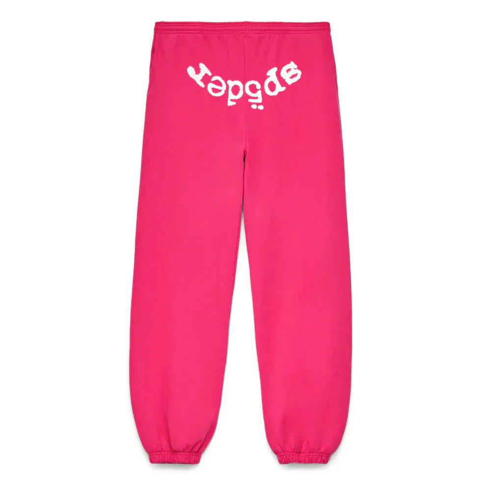 The Sp5der Sweatpants – Unisex Pink Cotton Sweatpants with front logo print are bold pink joggers featuring elastic cuffs and waistband, perfect for anyone seeking standout streetwear style.