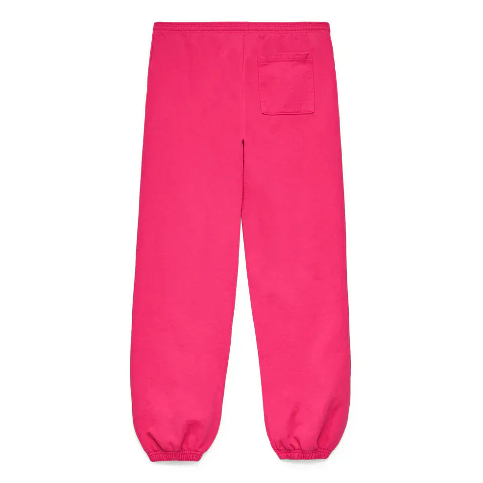 Unisex Sp5der Sweatpants in bright pink cotton feature a front logo print, elastic waistband and cuffs, and a single back pocket—an eye-catching addition to any streetwear collection.