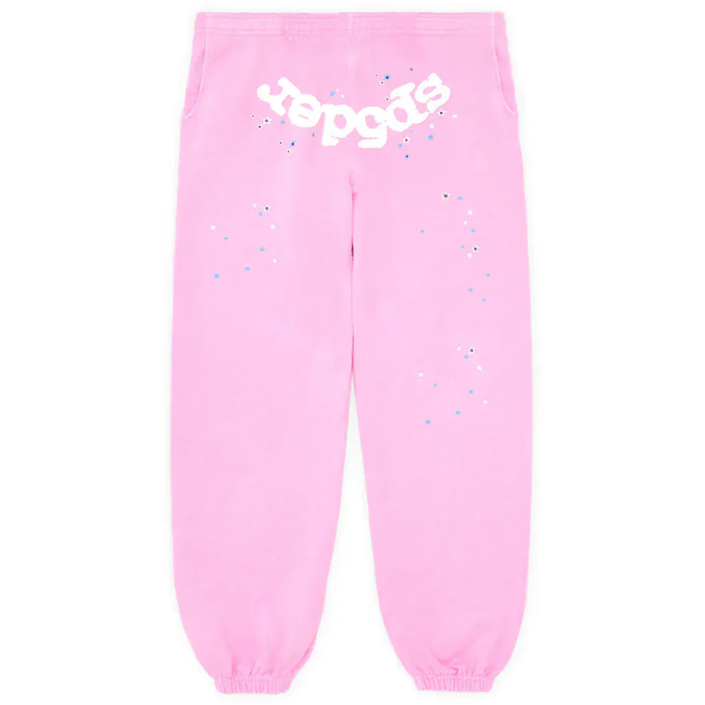 Light pink Sp5der Sweatpants—unisex cotton joggers with a front logo and star print—offer bold streetwear style and comfort for any outfit.