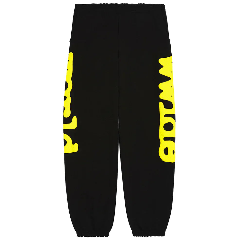 Sp5der Sweatpants Black Yellow Side Logo Print – 100% cotton streetwear jogger pants featuring bold yellow logos down each leg for a standout look.