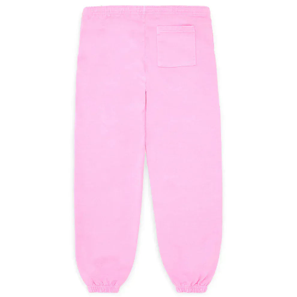 Sp5der Sweatpants—Unisex light pink cotton sweatpants with a front logo and star print, plus an elastic waistband and back patch pocket; perfect for effortless streetwear style.