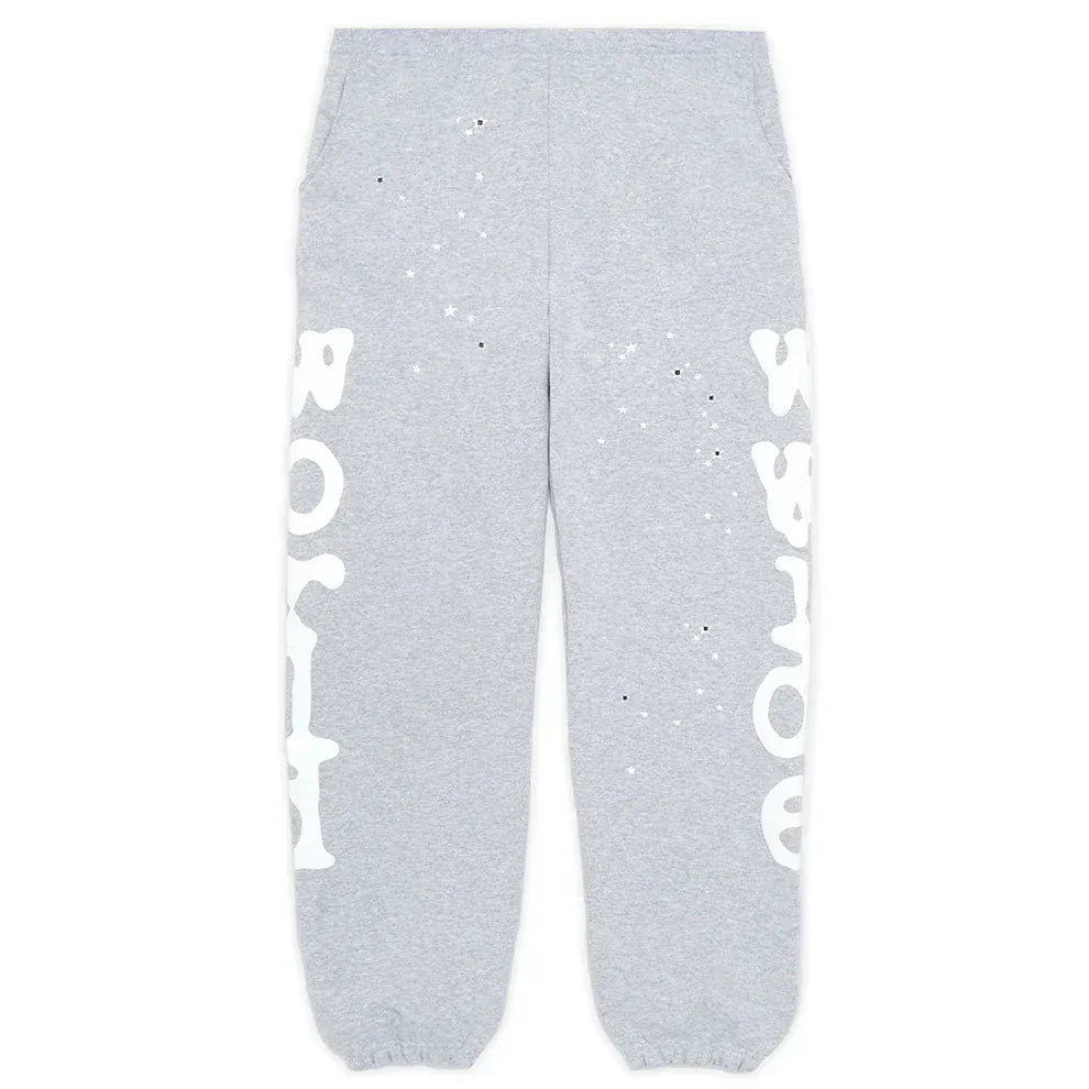 100% Cotton Sp5der Sweatpants for Men – Grey streetwear jogger pants with white graphic prints and dot details on both legs, elastic cuffs, side pockets, and a relaxed fit for all-day comfort.