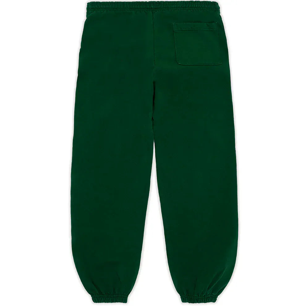 100% Cotton Sp5der Sweatpants for Men – Dark Green streetwear joggers feature a relaxed fit, elastic waistband and cuffs, spider web graphic, and a single patch pocket on the back right side.