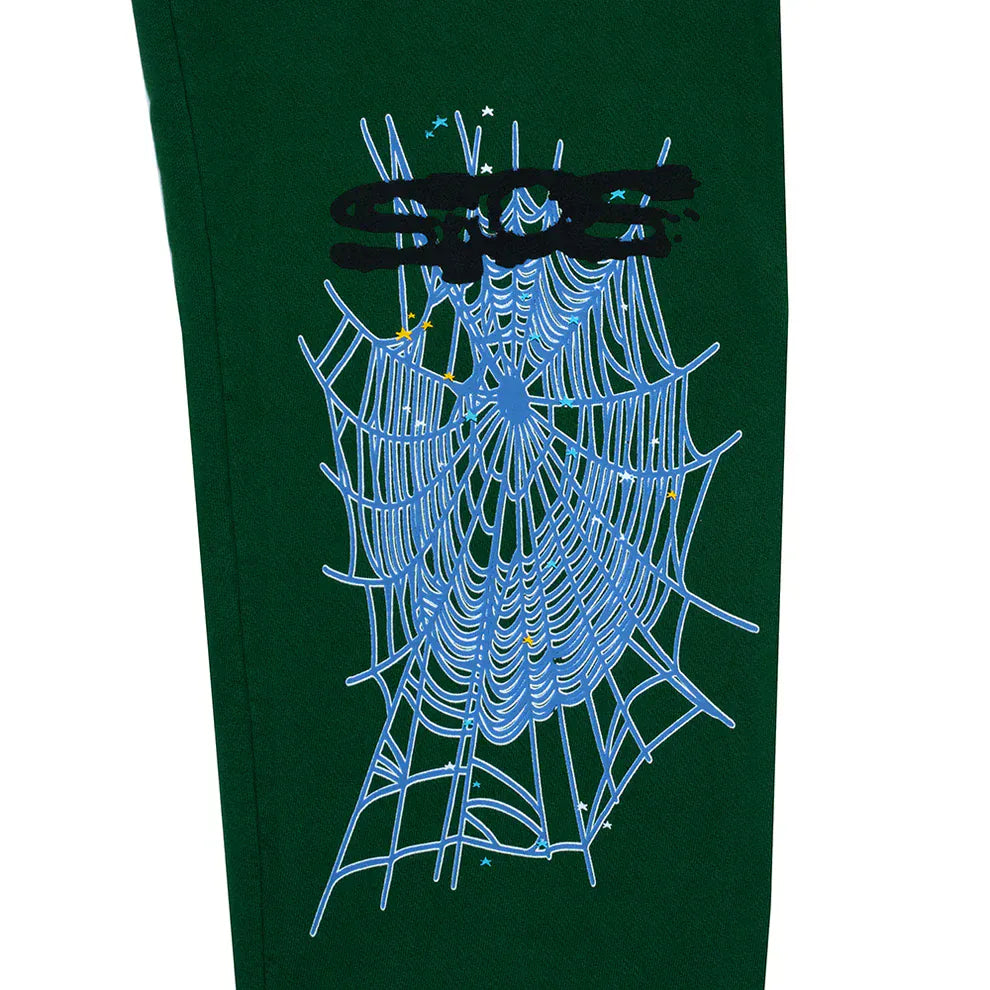 The 100% Cotton Sp5der Sweatpants for Men are dark green streetwear jogger pants with a large blue spider web graphic and relaxed fit—ideal for fans of bold, comfortable style.