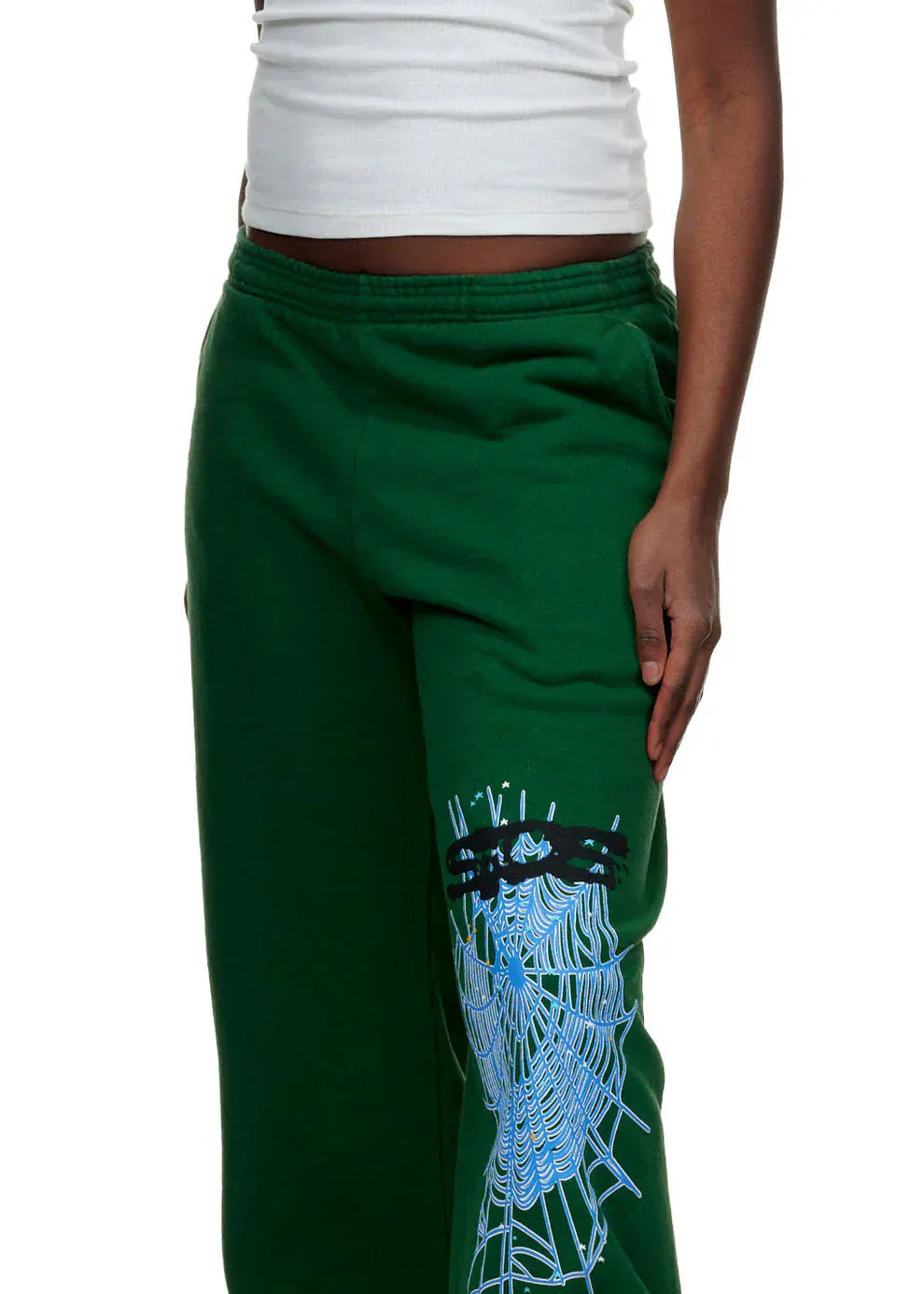 Model wears 100% Cotton Sp5der Sweatpants for Men – Dark Green Streetwear Jogger Pants with a white spider web graphic, relaxed fit, paired with a white tank top; image shows view from shoulders to knees.