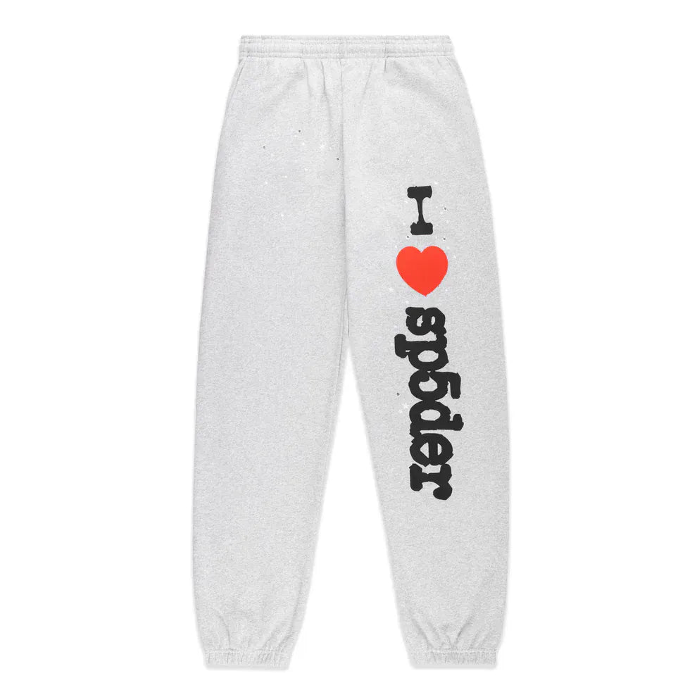 100% cotton Sp5der sweatpants for men in light grey, featuring a bold "I Love Sp5der" graphic along the left leg and a relaxed fit—ideal for a laid-back streetwear look.