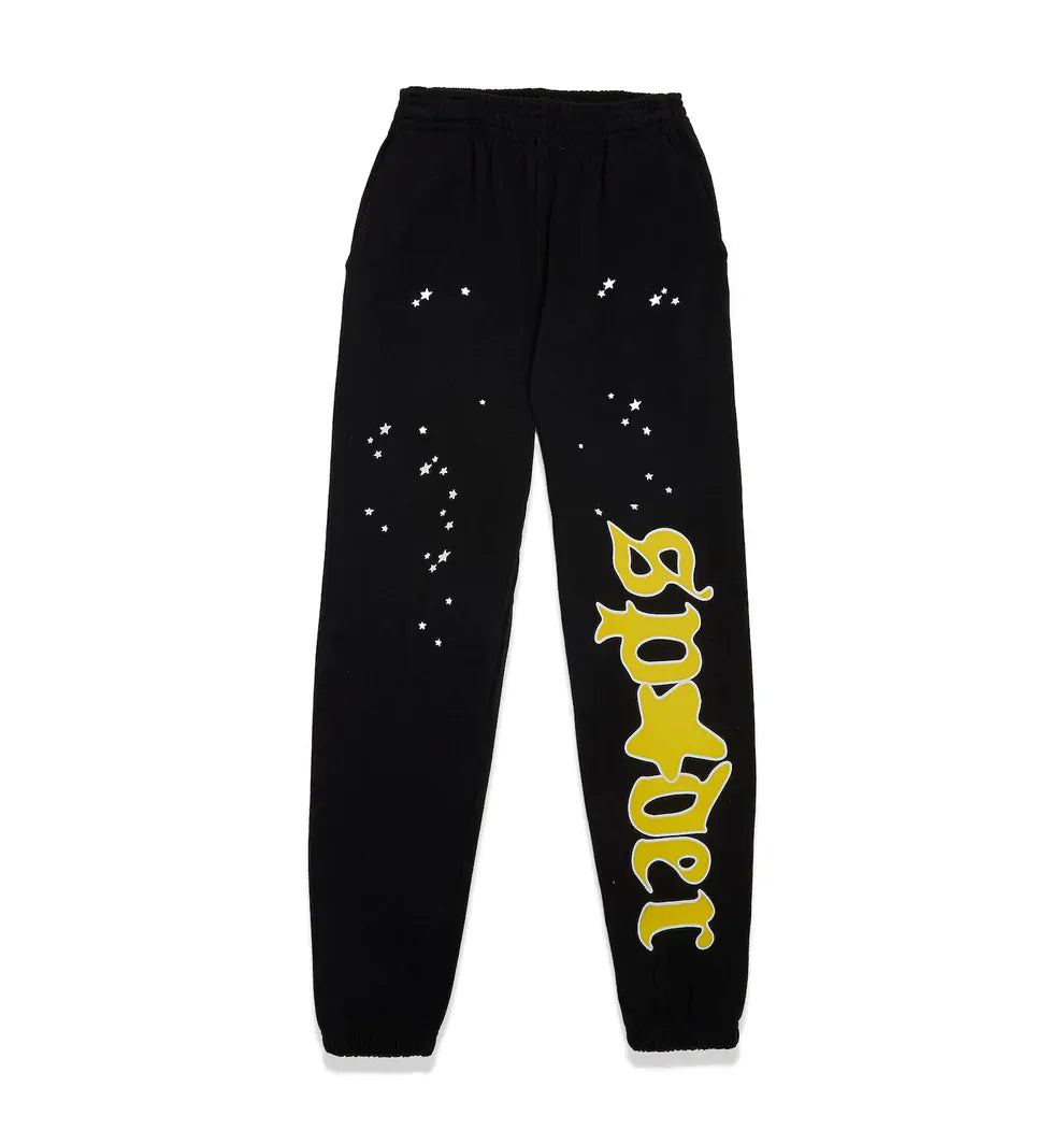 100% Cotton Sp5der Sweatpants for Men—black streetwear joggers with a relaxed fit, featuring a bold yellow Sp5der logo graphic for standout style.