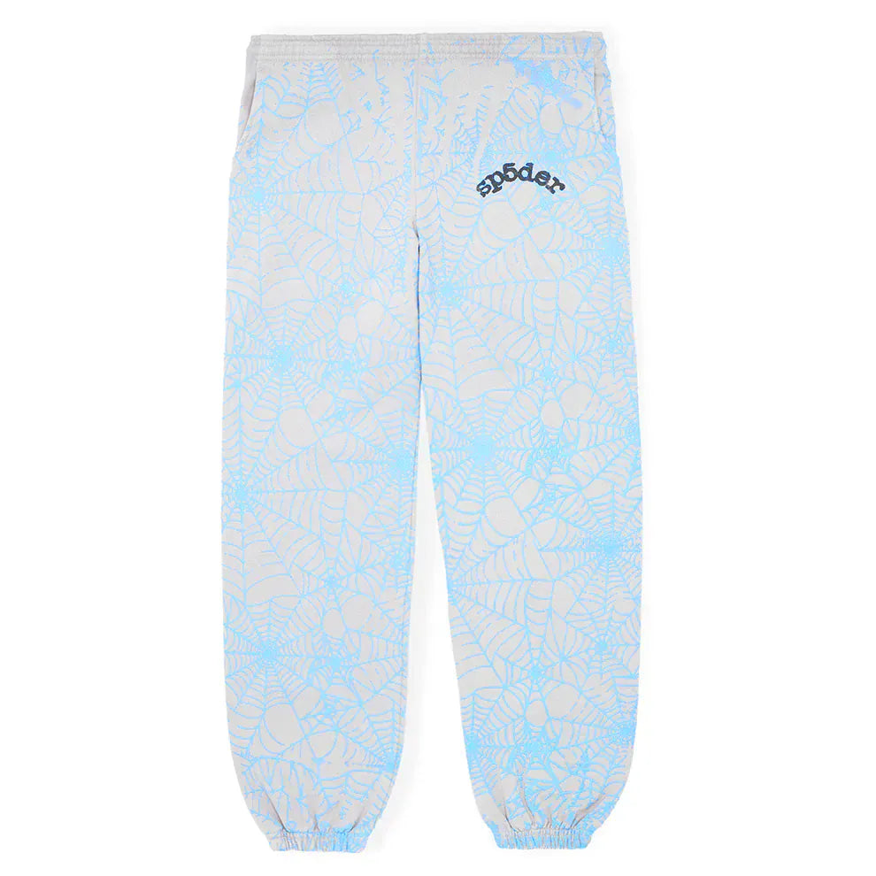 Light grey 100% cotton Sp5der sweatpants for men featuring an all-over spider web print and relaxed fit—ideal jogger pants for bold, streetwear-inspired style.