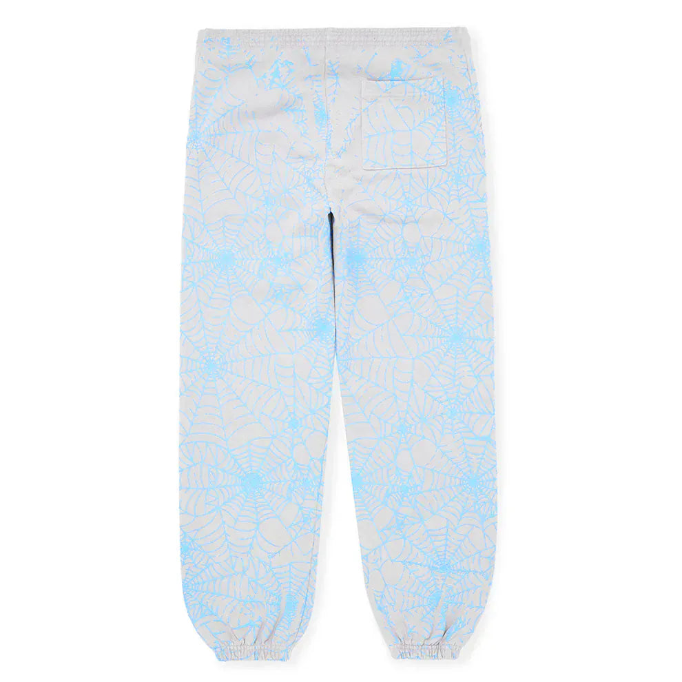 100% Cotton Sp5der Sweatpants for Men in light grey, featuring a bold blue all-over spider web print, relaxed fit, elastic waistband and cuffs, and back pocket—streetwear joggers shown flat from the back.