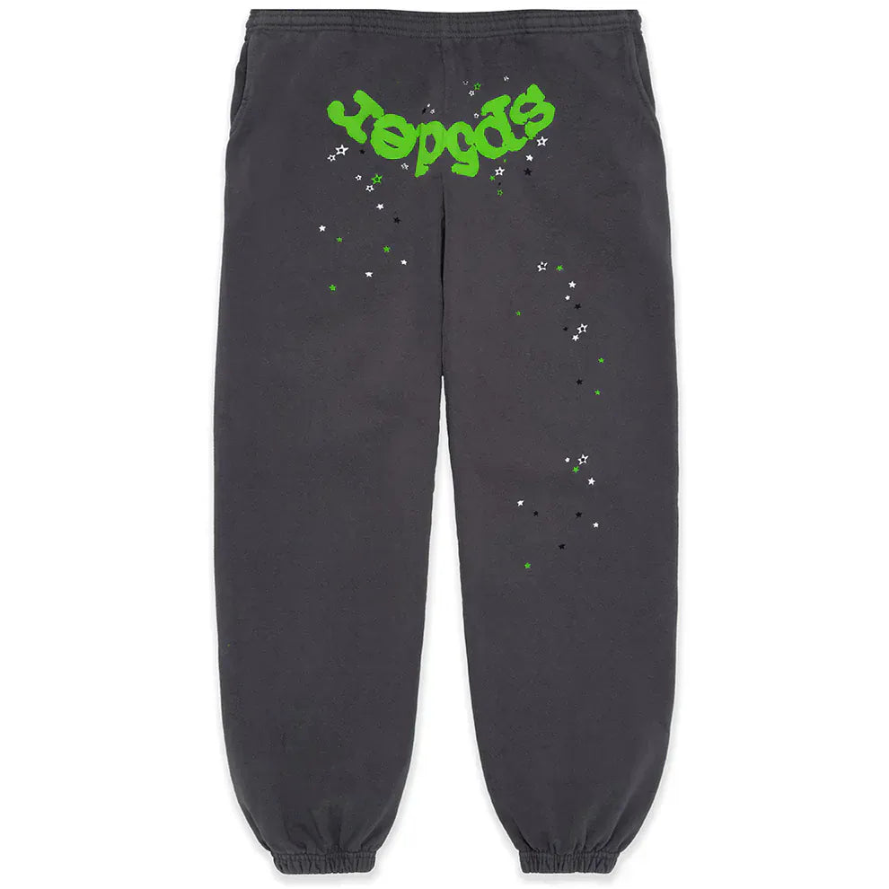 100% Cotton Sp5der Sweatpants for Men in dark grey, featuring a green logo graphic and relaxed fit—stylish jogger pants with elastic cuffs for standout streetwear style.