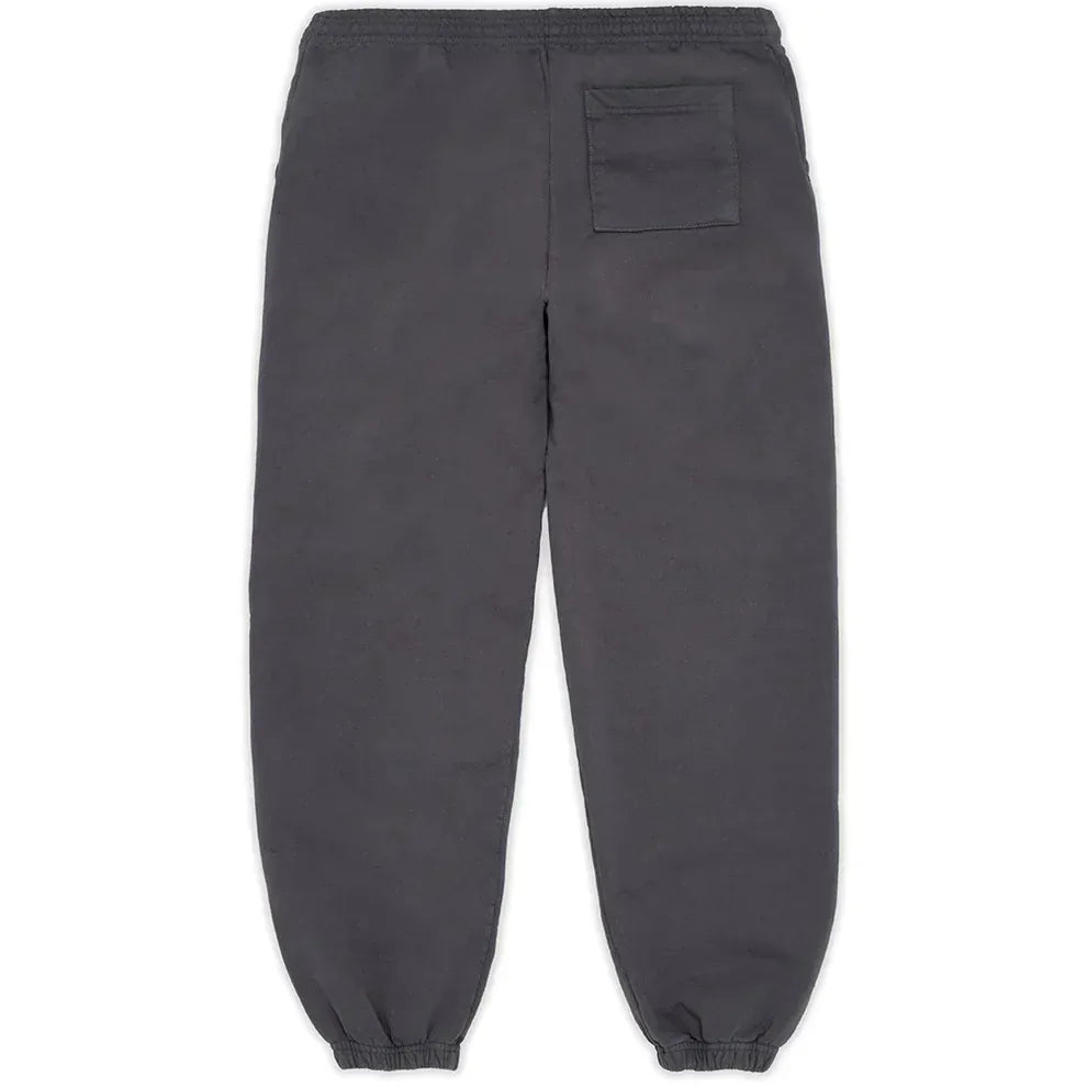 The 100% Cotton Sp5der Sweatpants for Men are dark grey jogger pants with a green logo graphic, relaxed fit, elastic waistband and cuffs, plus a right-side back pocket—ideal for upgrading your streetwear look.