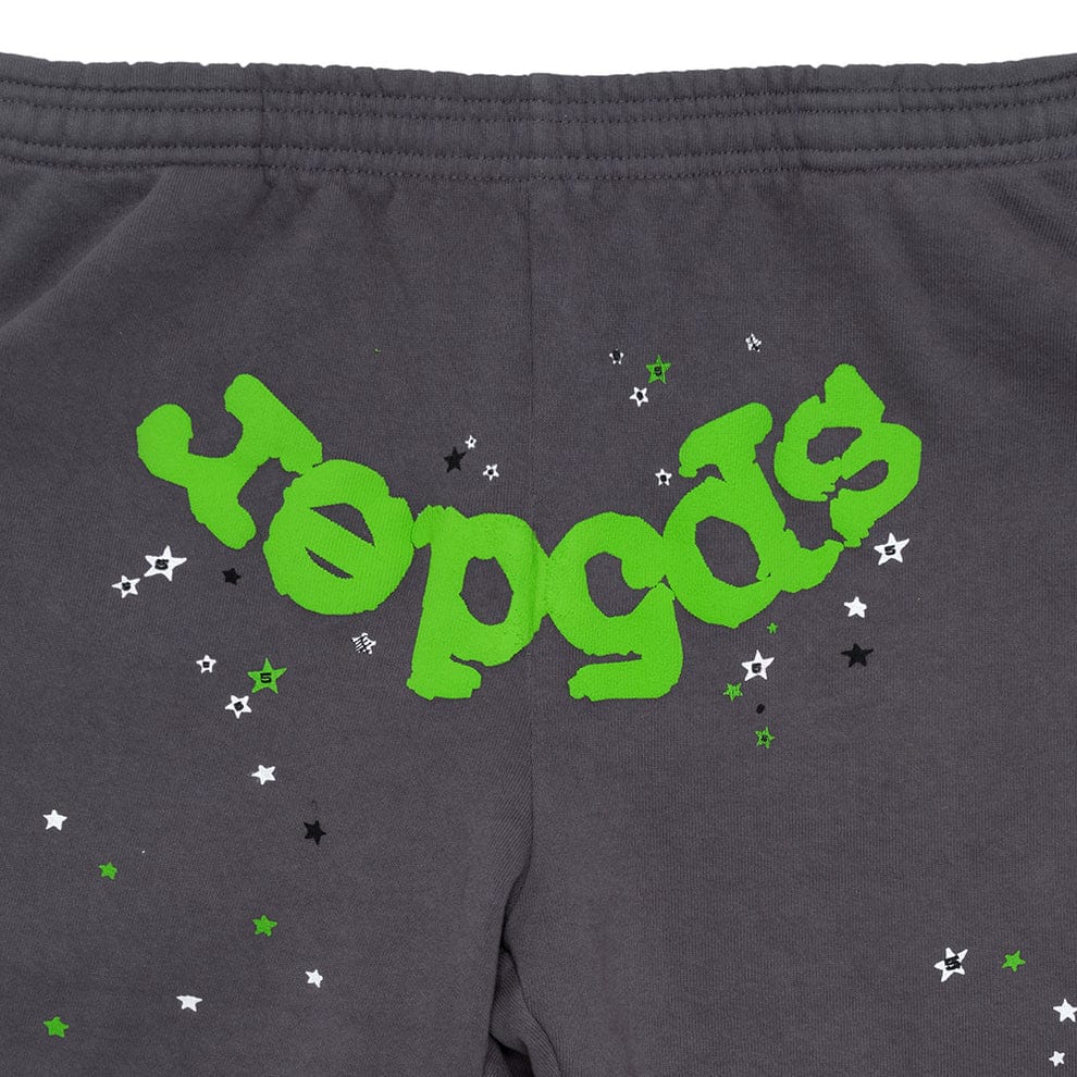 Close-up of 100% Cotton Sp5der Sweatpants for Men in dark grey, featuring a bold green logo graphic and star accents. These relaxed fit jogger pants offer standout streetwear style.