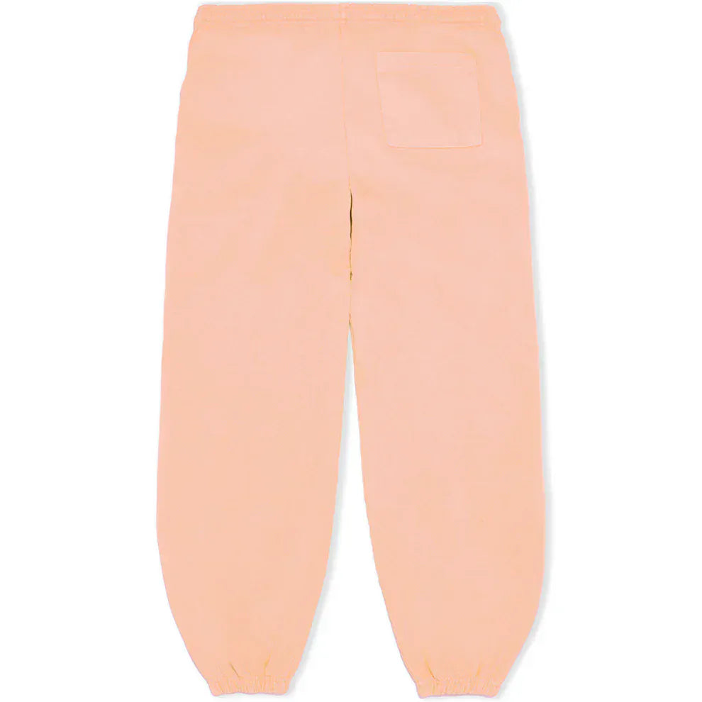 100% cotton Sp5der unisex peach jogger pants feature a relaxed fit, elastic waistband, elastic ankle cuffs, right back pocket, vertical logo and star graphics—perfect for streetwear style.