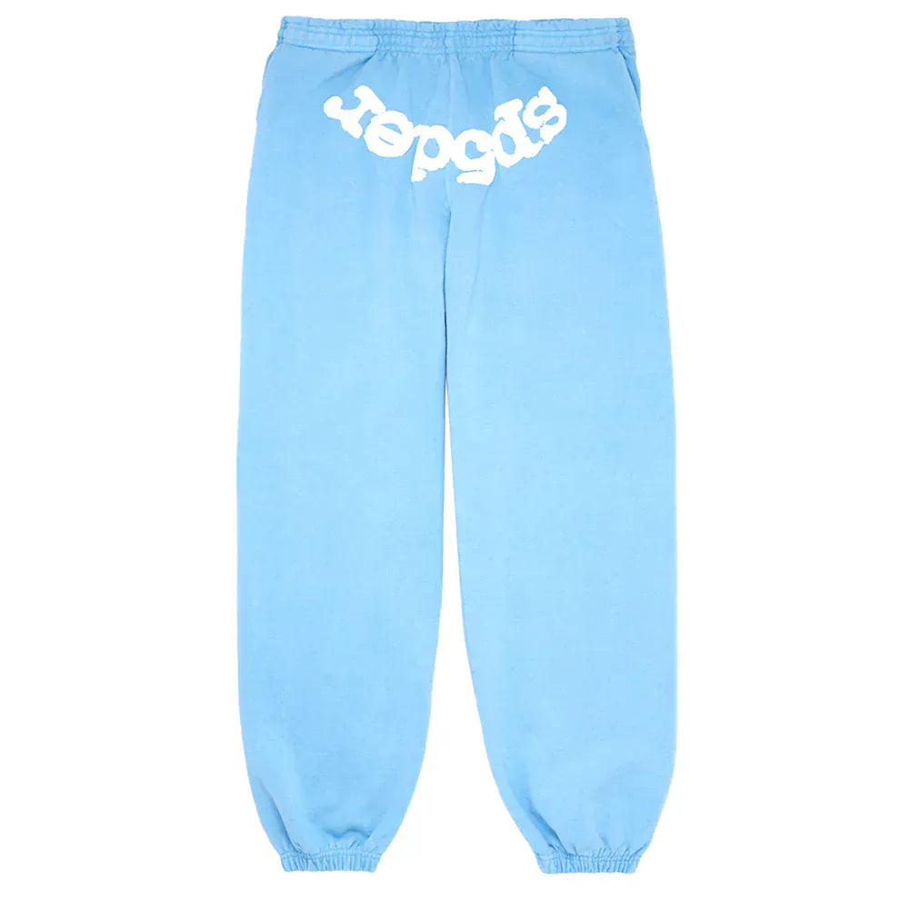 Sp5der Sweatpants – Unisex light blue cotton sweatpants with a front logo print, designed with elastic cuffs and waistband for streetwear style.