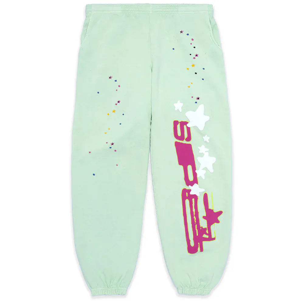 Stay on trend with 100% Cotton Sp5der Sweatpants—unisex mint green jogger pants featuring a vertical logo, star graphics, multicolored accents, elastic cuffs and waistband, and a relaxed fit for ultimate streetwear style.