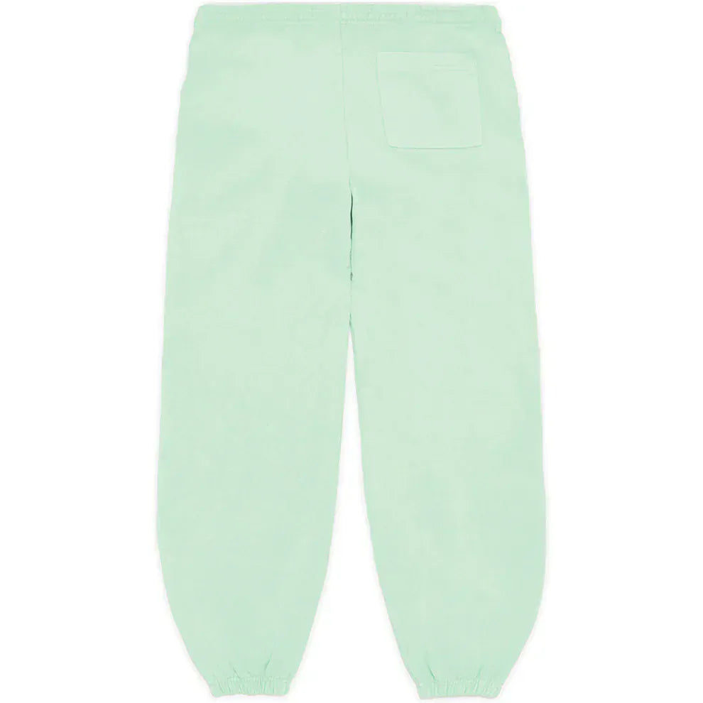 100% cotton Sp5der sweatpants—unisex mint green jogger pants with vertical logo, star graphics, elastic waistband, cuffed ankles, and single back pocket—offer a relaxed fit perfect for streetwear style.