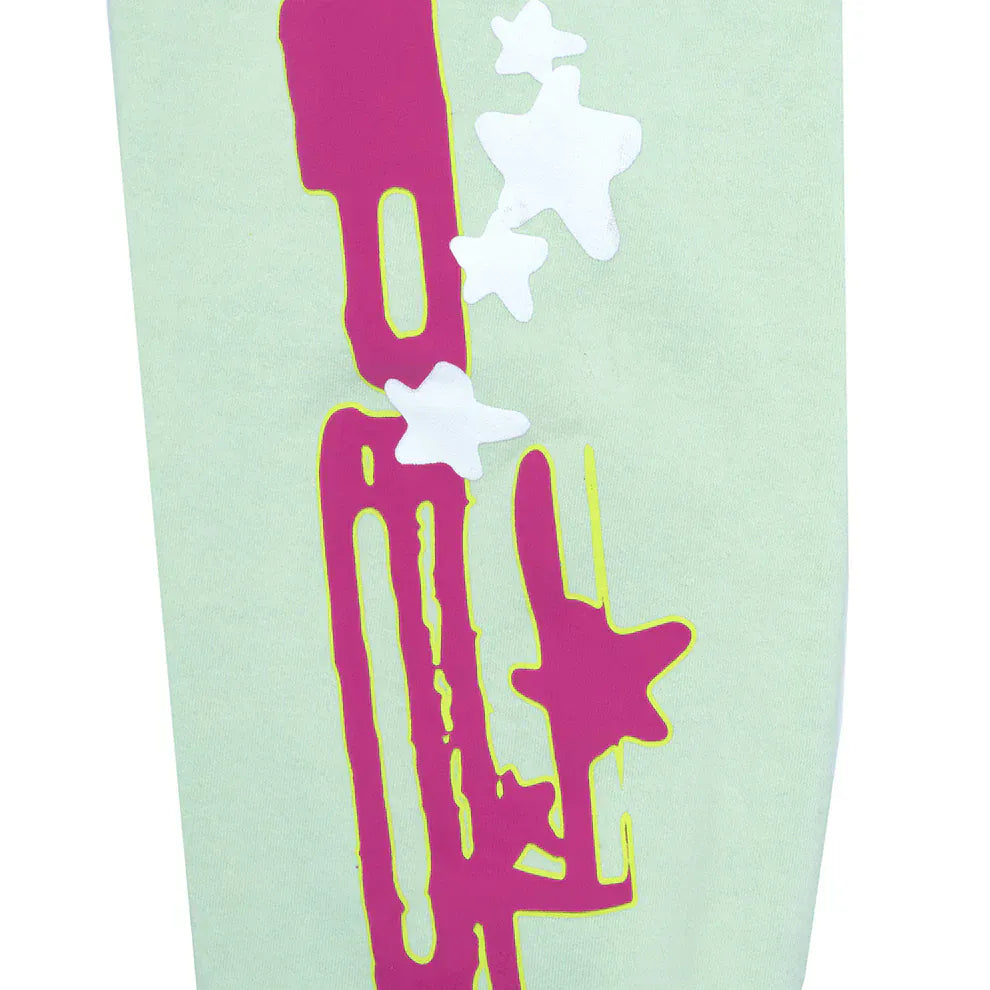 Abstract design with pink lines and white star shapes on a mint green background, inspired by the 100% Cotton Sp5der Sweatpants—Unisex Mint Green Jogger Pants with vertical logo, star graphics, and relaxed fit.