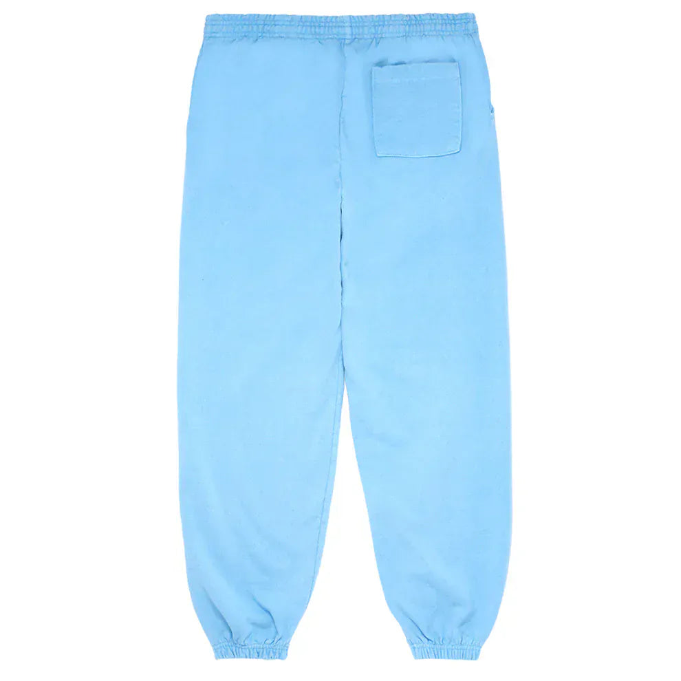 Light blue Sp5der Sweatpants – Unisex cotton joggers with front logo print displayed flat, showing the back with a right patch pocket, elastic waistband, and cuffs for a classic streetwear look.