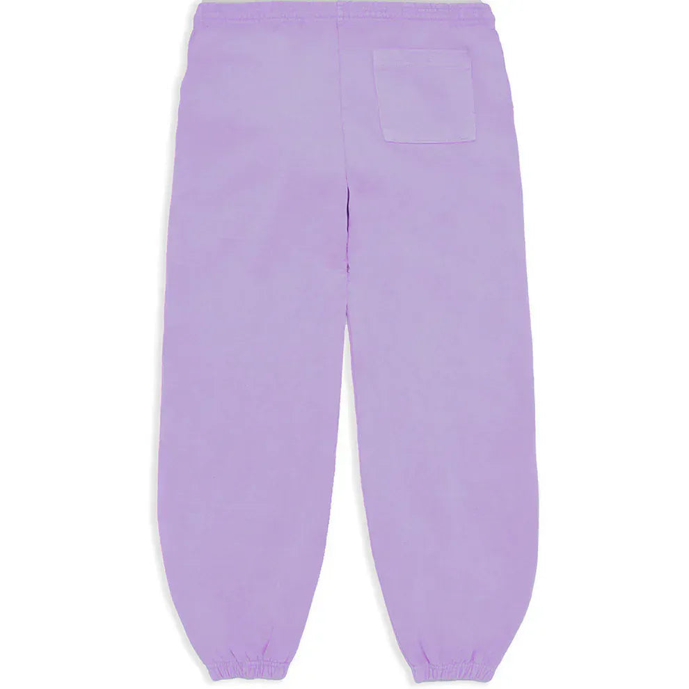 Back view of 100% Cotton Sp5der Sweatpants—Unisex Lavender Jogger Pants with vertical logo, star details, elastic cuffs and waistband, relaxed fit, and a single rear right patch pocket.