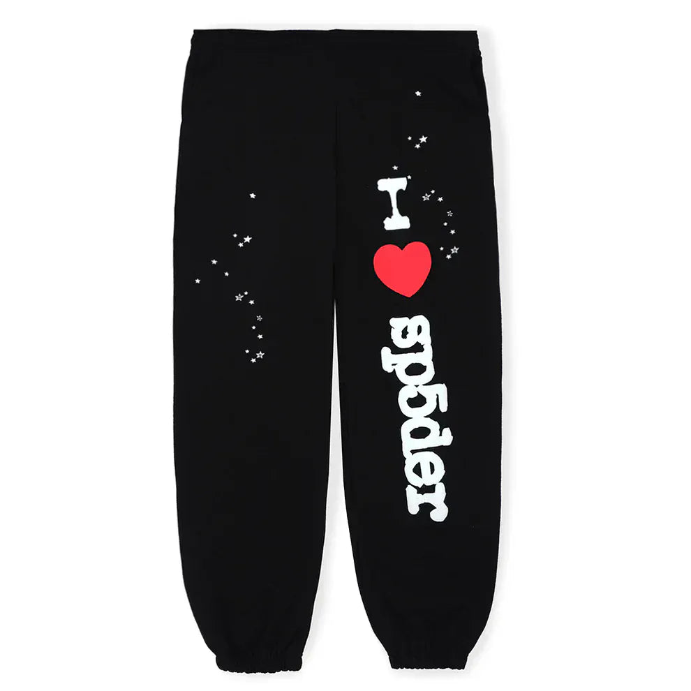 Unisex black 100% cotton Sp5der sweatpants with a relaxed fit, featuring an “I Love Sp5der” graphic printed vertically on one leg—ideal for standout streetwear style.