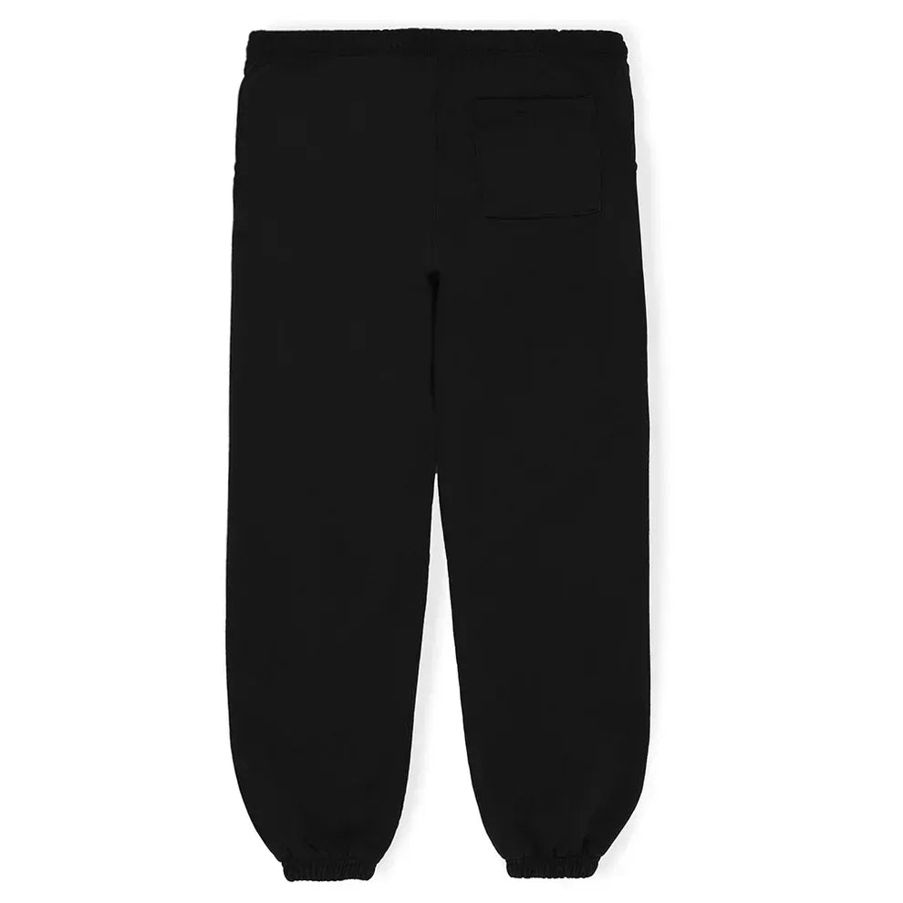 Back view of 100% Cotton Sp5der Sweatpants—Unisex Black Jogger Pants with “I Love Sp5der” graphic, relaxed fit, elastic waistband and cuffs, plus a single right-side patch pocket.