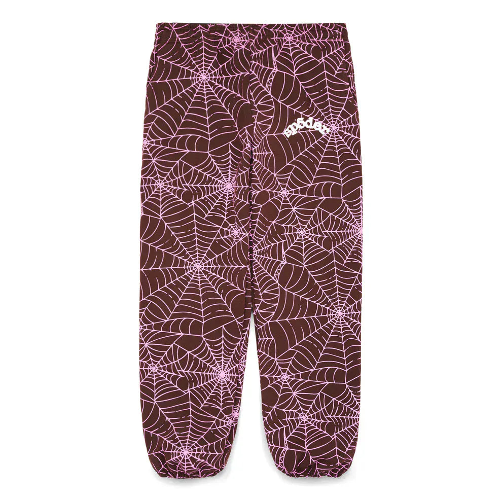 100% Cotton Sp5der Sweatpants – Unisex brown jogger pants with an all-over light pink spider web print and a small white logo, offering a relaxed fit for standout streetwear style.