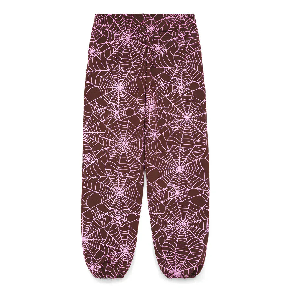 The 100% Cotton Sp5der Sweatpants are unisex brown jogger pants with an all-over spider web print and relaxed fit, featuring elastic cuffs for a bold streetwear vibe. Shown laid flat on a white background.