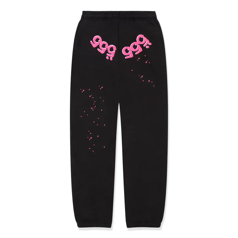 Unisex black 100% cotton Sp5der sweatpants with pink logo graphics, relaxed fit, and elastic waistband and cuffs—perfect jogger pants for streetwear style.