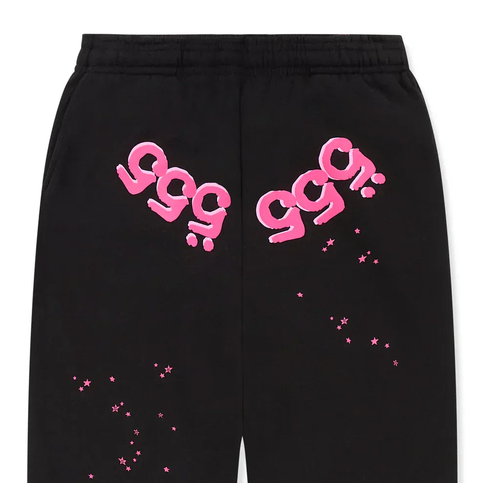 Unisex black 100% cotton Sp5der sweatpants featuring pink logo graphics and a relaxed fit—ideal jogger pants for streetwear enthusiasts.