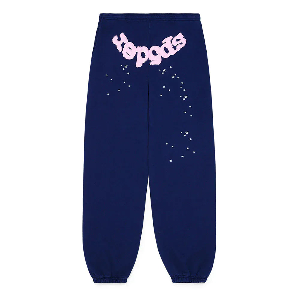 100% Cotton Sp5der Sweatpants – Unisex navy blue jogger pants featuring a pink "zeppods" logo and white star graphics on the leg and hip, inspired by Sp5der style for a relaxed streetwear look.