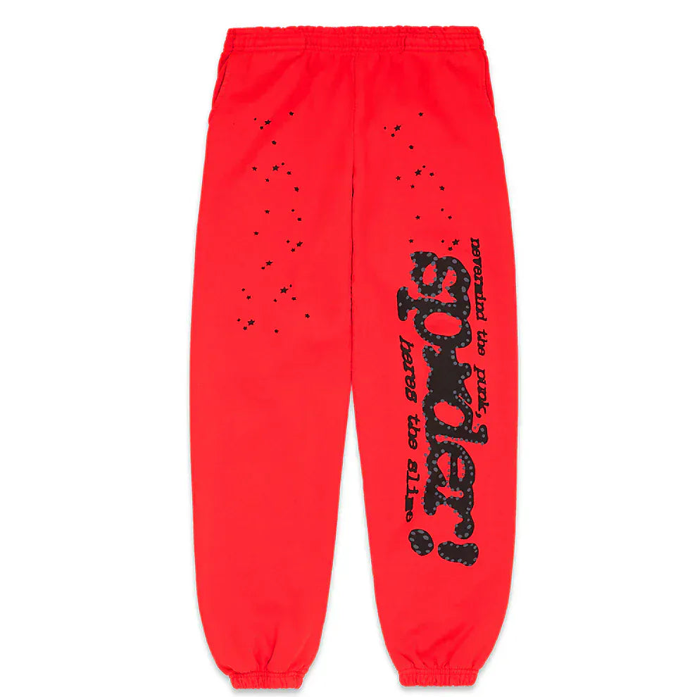 100% cotton Sp5der sweatpants in bright red, featuring black logo text and star graphics. These unisex jogger pants offer a relaxed fit with an elastic waistband and cuffs—perfect for streetwear comfort and style.