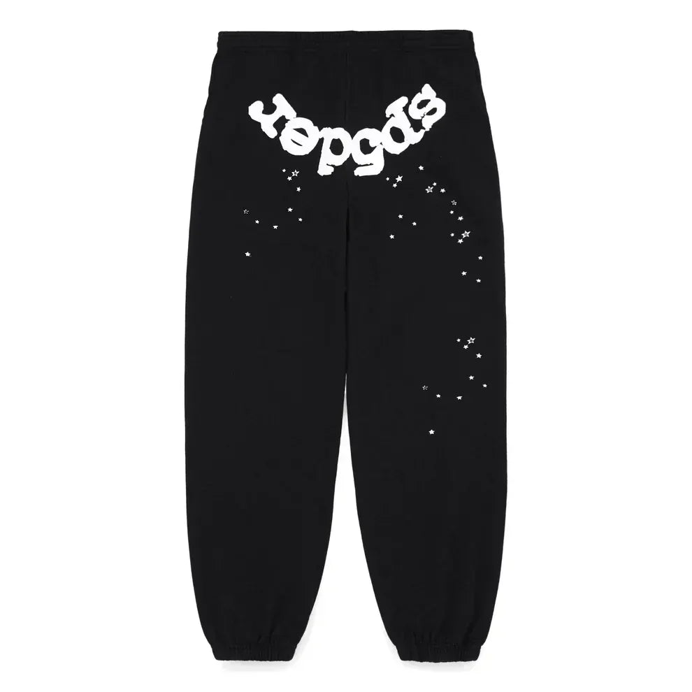 The Sp5der Sweatpants are unisex black cotton sweatpants featuring a front logo and star print, perfect for fans of bold streetwear.