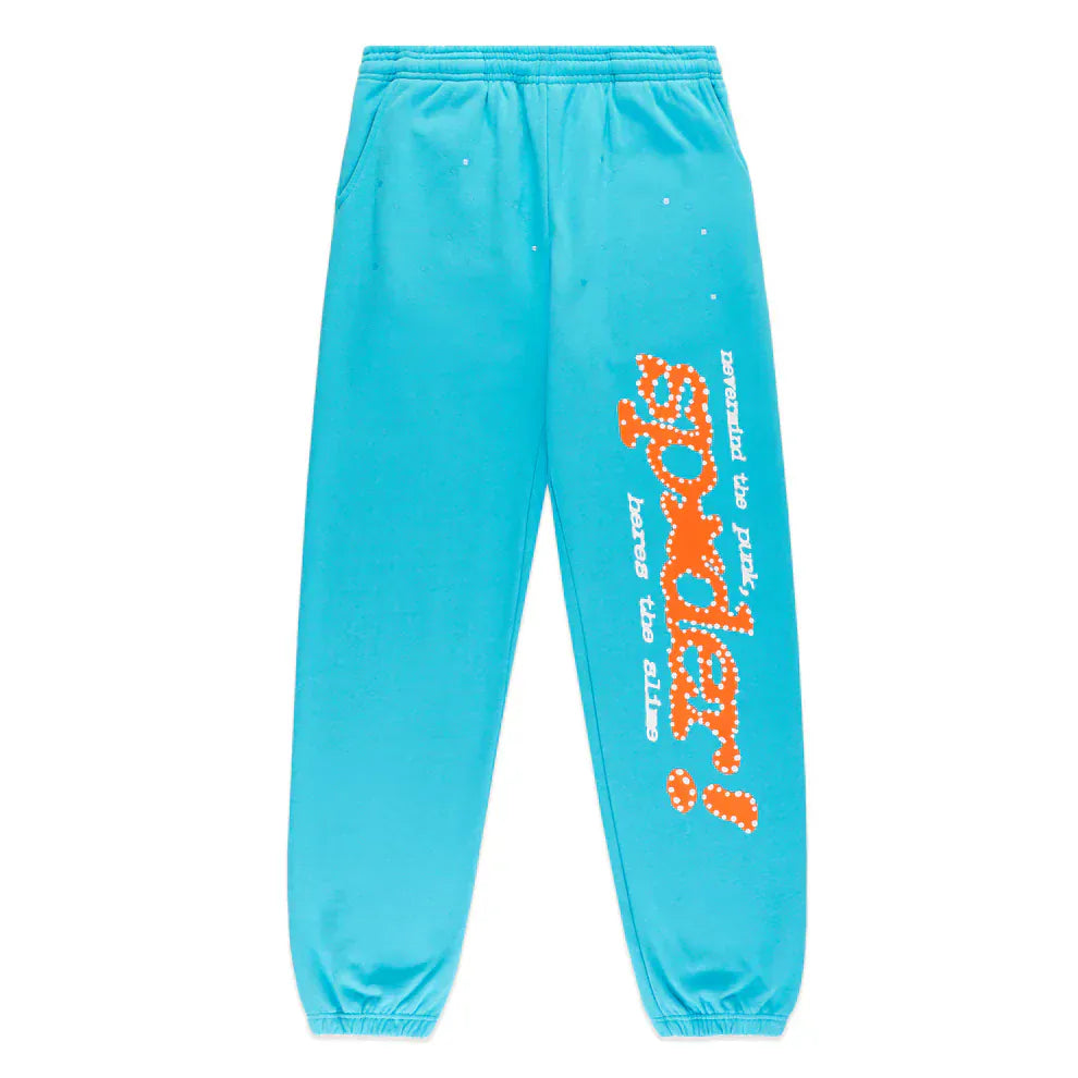 Unisex 100% cotton Sp5der sweatpants in teal with a relaxed fit, elastic waistband and cuffs, and bold orange logo print—perfect for streetwear style.