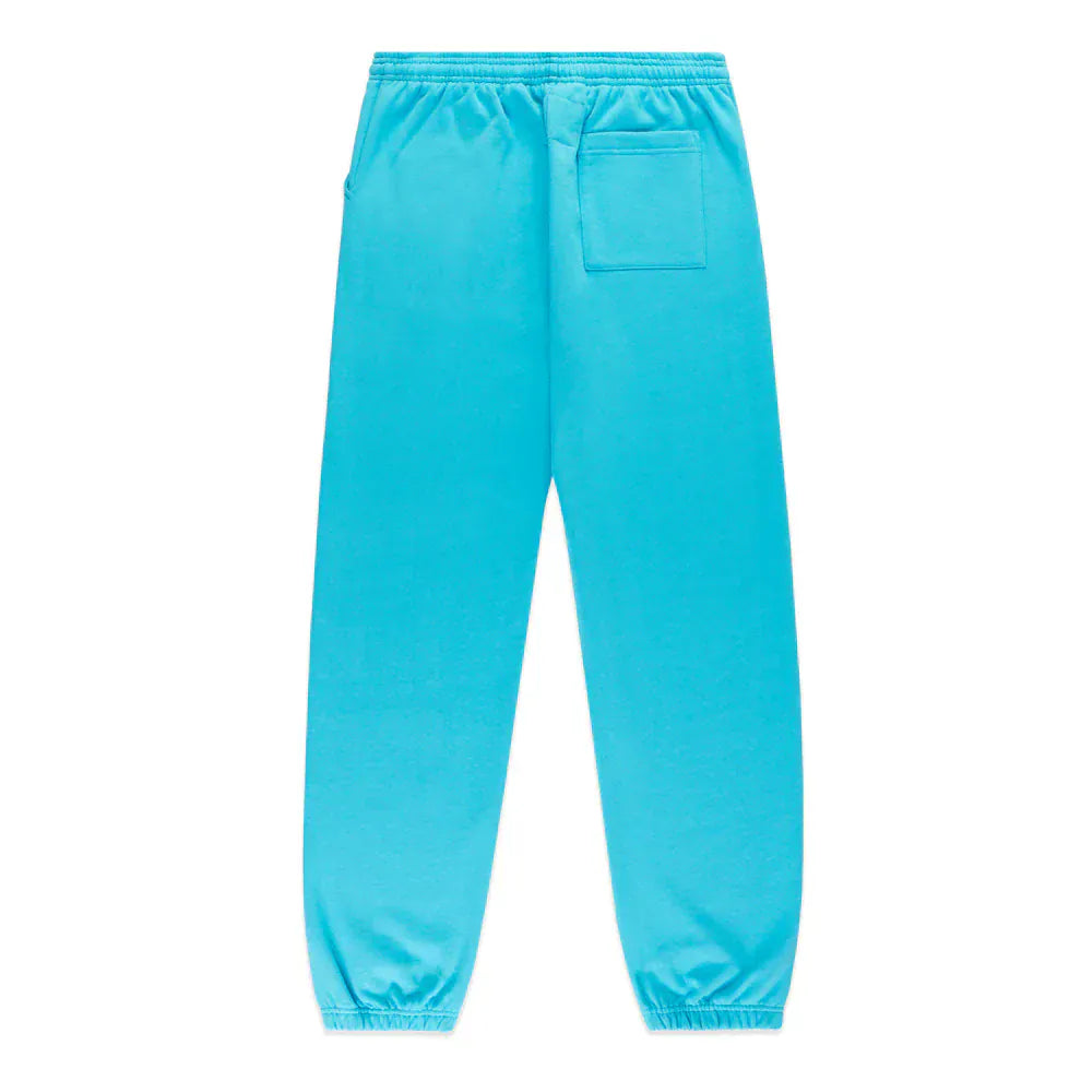 Unisex 100% Cotton Sp5der Sweatpants in teal with a relaxed fit, elastic waistband and cuffs, orange logo print, and a back patch pocket—streetwear-inspired jogger pants perfect for everyday comfort.