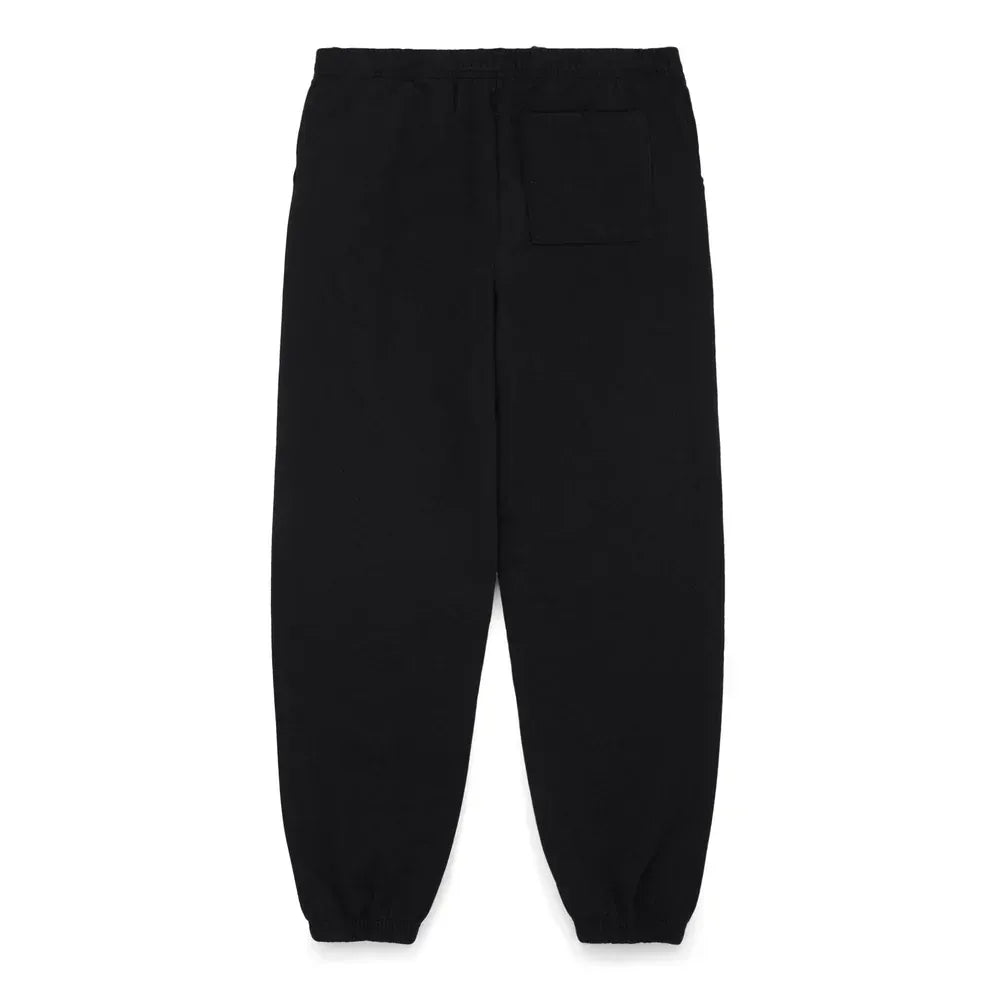 Sp5der Sweatpants – Unisex black cotton joggers with a front logo and star print, shown flat on a white background. Features include elastic waistband, cuffs, and a back patch pocket—perfect for effortless streetwear style.