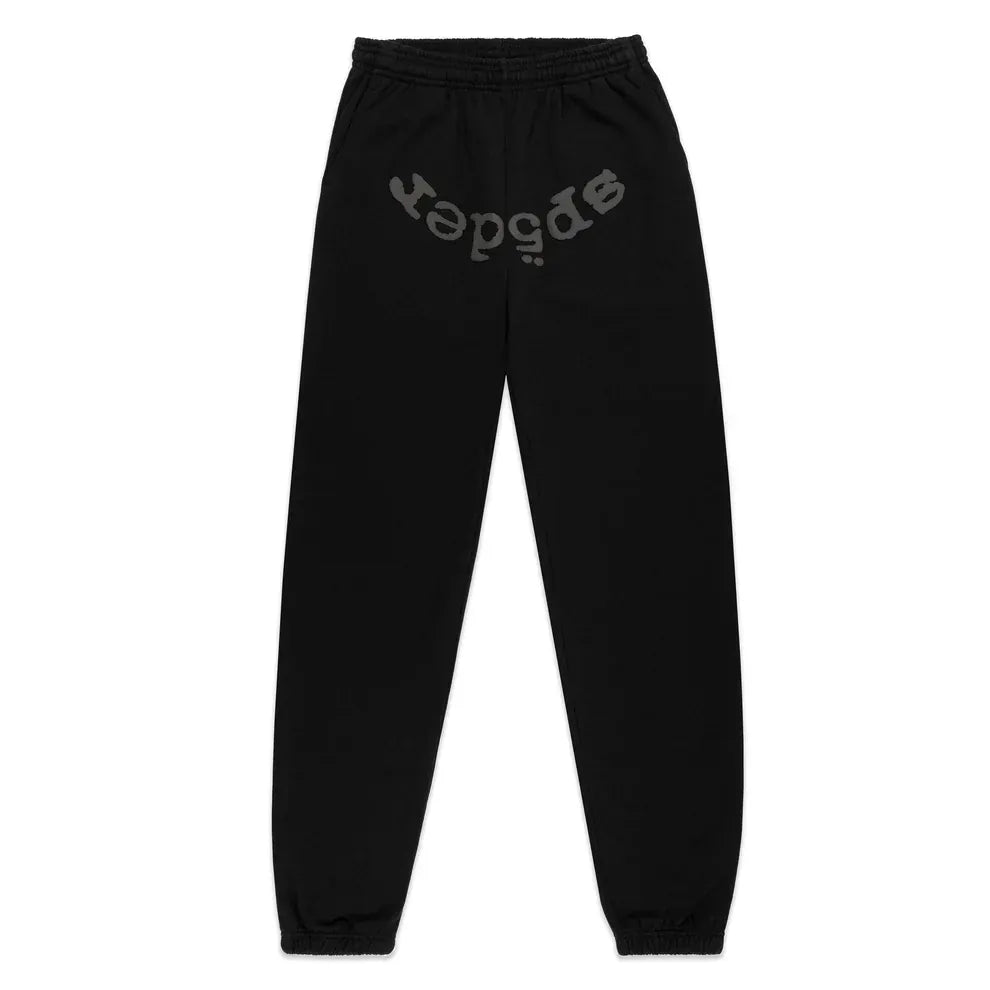 The Sp5der Black Tonal Logo Sweatpants are unisex 100% cotton joggers with an elastic waistband and cuffs, plus a bold upside-down Sp5der logo near the waist—ideal for standout streetwear style.