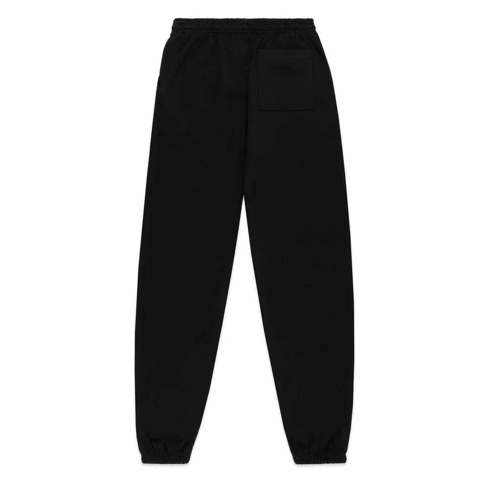 Sp5der Black Tonal Logo Sweatpants: 100% cotton unisex joggers with elastic waistband, cuffs, and a single back pocket—ideal for everyday streetwear. Laid flat on a white background.