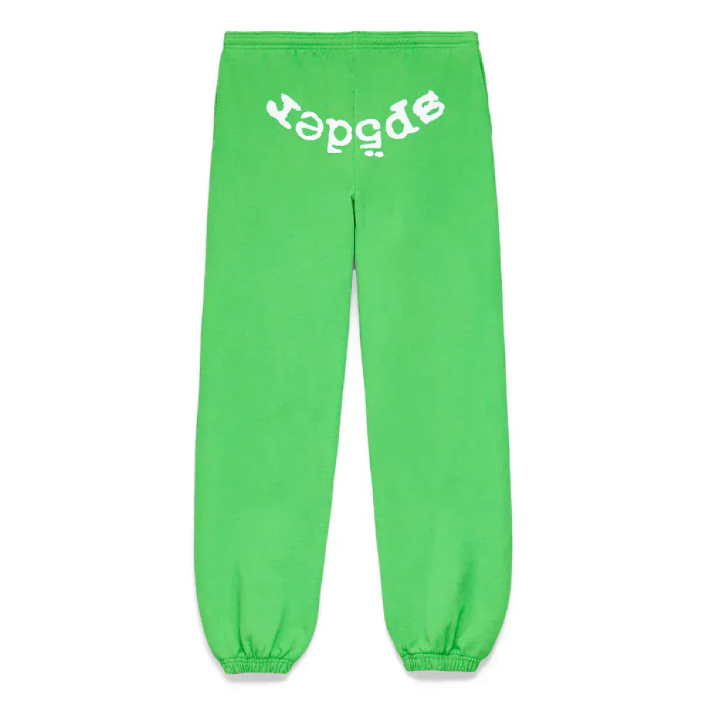 Unisex green Sp5der cotton sweatpants with a front logo print, featuring elastic cuffs and waistband—ideal for bold streetwear style.