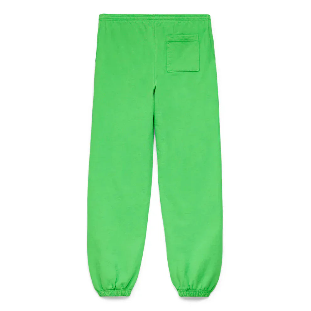 The Sp5der Sweatpants – Unisex Green Cotton Sweatpants with front logo print feature an elastic waistband, elasticated cuffs, and a single back pocket—laid flat with the back side up, they're standout streetwear joggers.