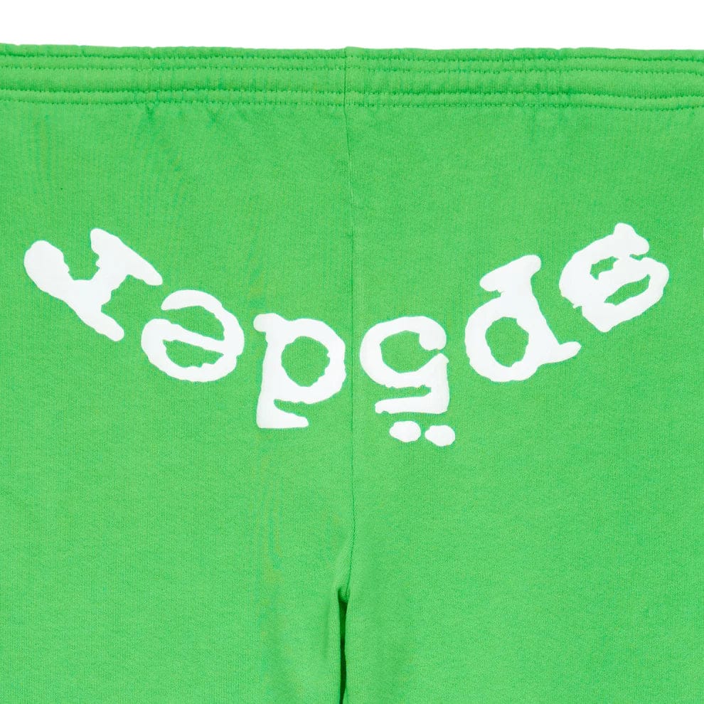 Sp5der Sweatpants – Unisex green cotton sweatpants featuring a playful front logo print in white, adding a fun twist to your everyday streetwear joggers style.